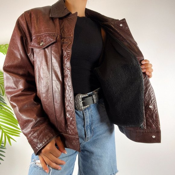 Vintage 90s Grunge Streetwear Brown Indie Biker Bomber Leather Jacket / Size: 2X - Picture 3 of 8